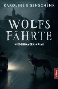 Buchcover Wolf auf Straße bei Nacht neben Auto und Kirche im Hintergrund